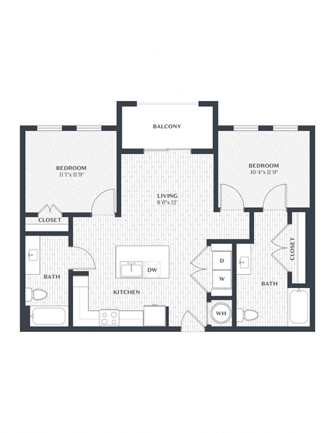 Floor plan for 2 beds, 2 baths, 937 sqft